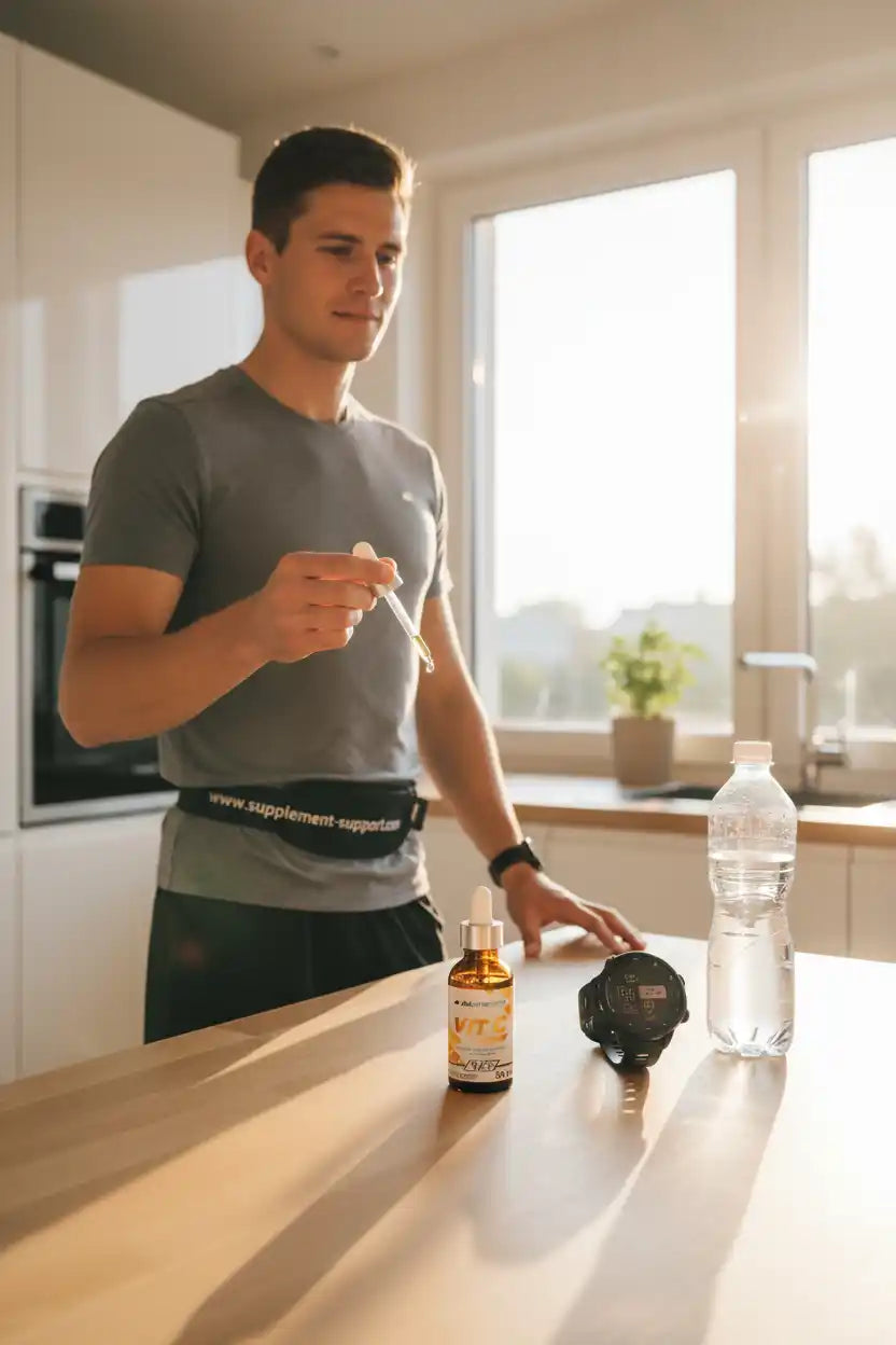 Mann nimmt Vitamin C Tropfen in der Küche, Sportuhr und Wasser daneben