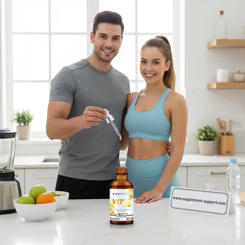 Mann und Frau mit Vitamin C Tropfen in der Küche, Sportnahrung & Nahrungsergänzung für Fitness und Gesundheit