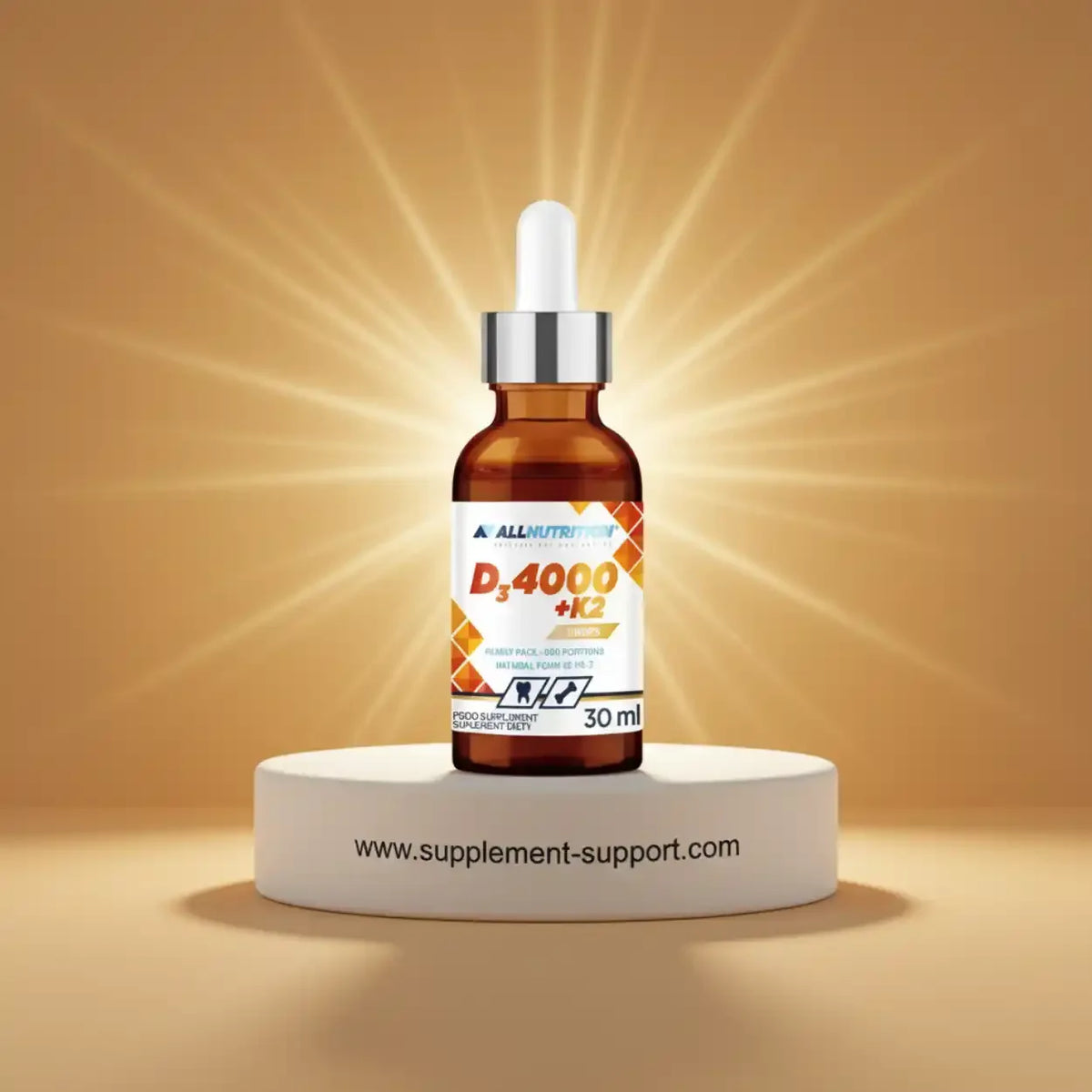 All Nutrition Vitamin D3 4000 + K2 Tropfen 30ml in einer Braunglasflasche mit Pipette.