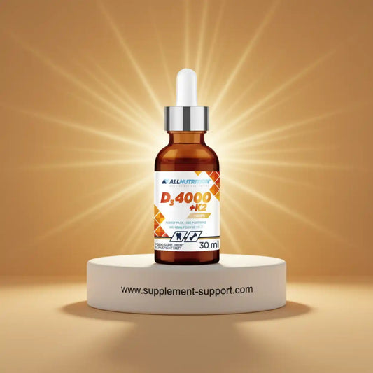 All Nutrition Vitamin D3 4000 + K2 Tropfen 30ml in einer Braunglasflasche mit Pipette.