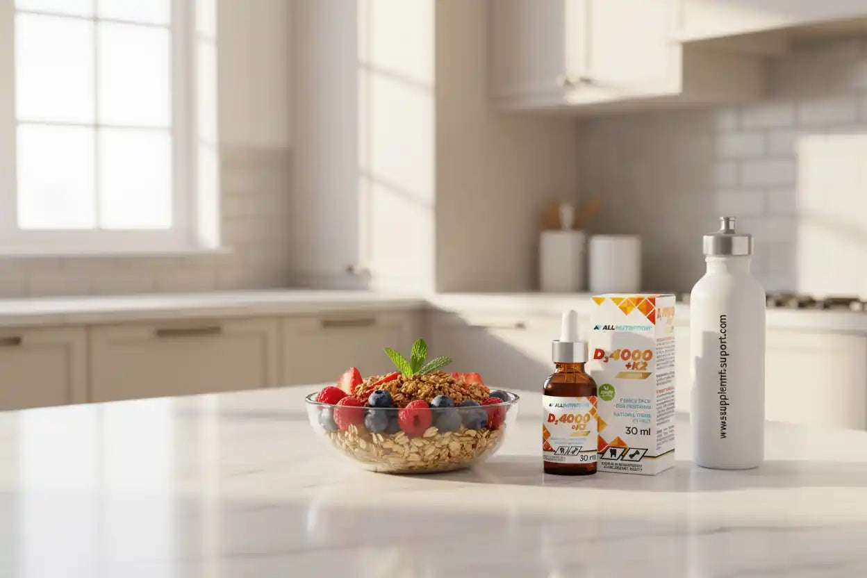 Vitamin D3 + K2 Tropfen 4000 IE mit Müslischale und Wasserflasche in moderner Küche