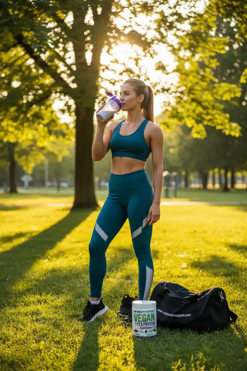 Frau trinkt Veganes Erbsenprotein nach Training im Park, Sportnahrung für Fitness & Laufen