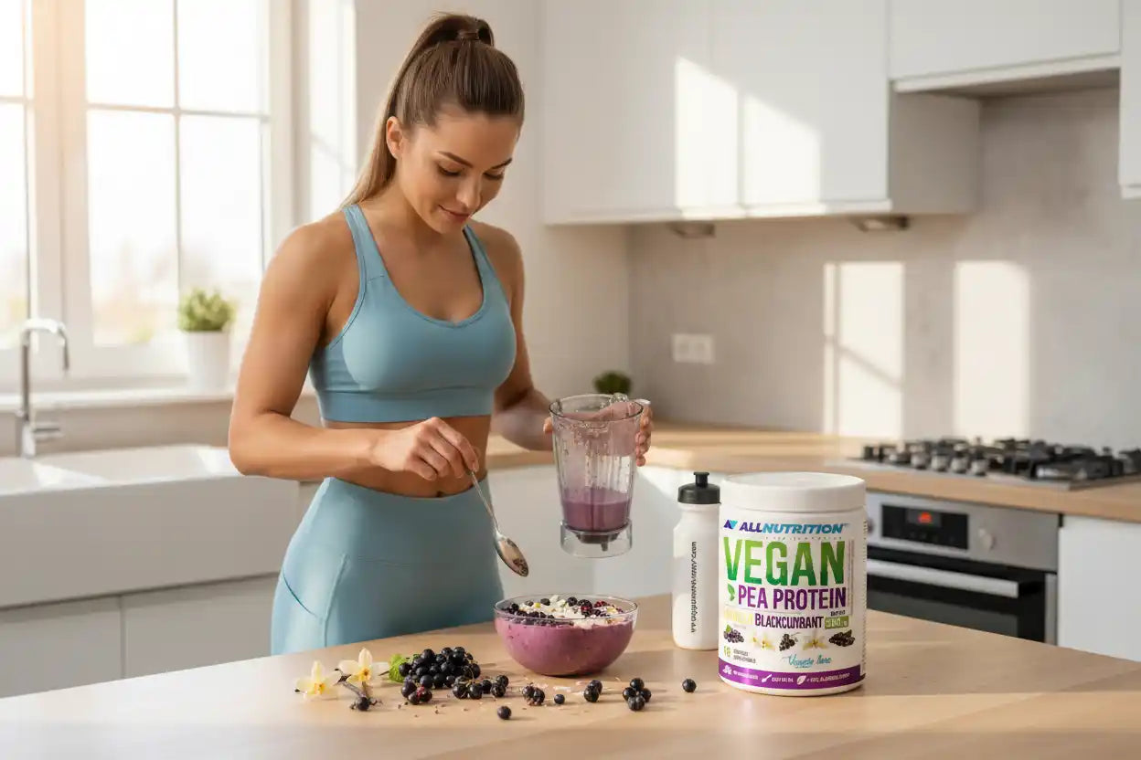 Frau bereitet mit Vegan Pea Protein Smoothie zu – ideal für Sportler & Fitness