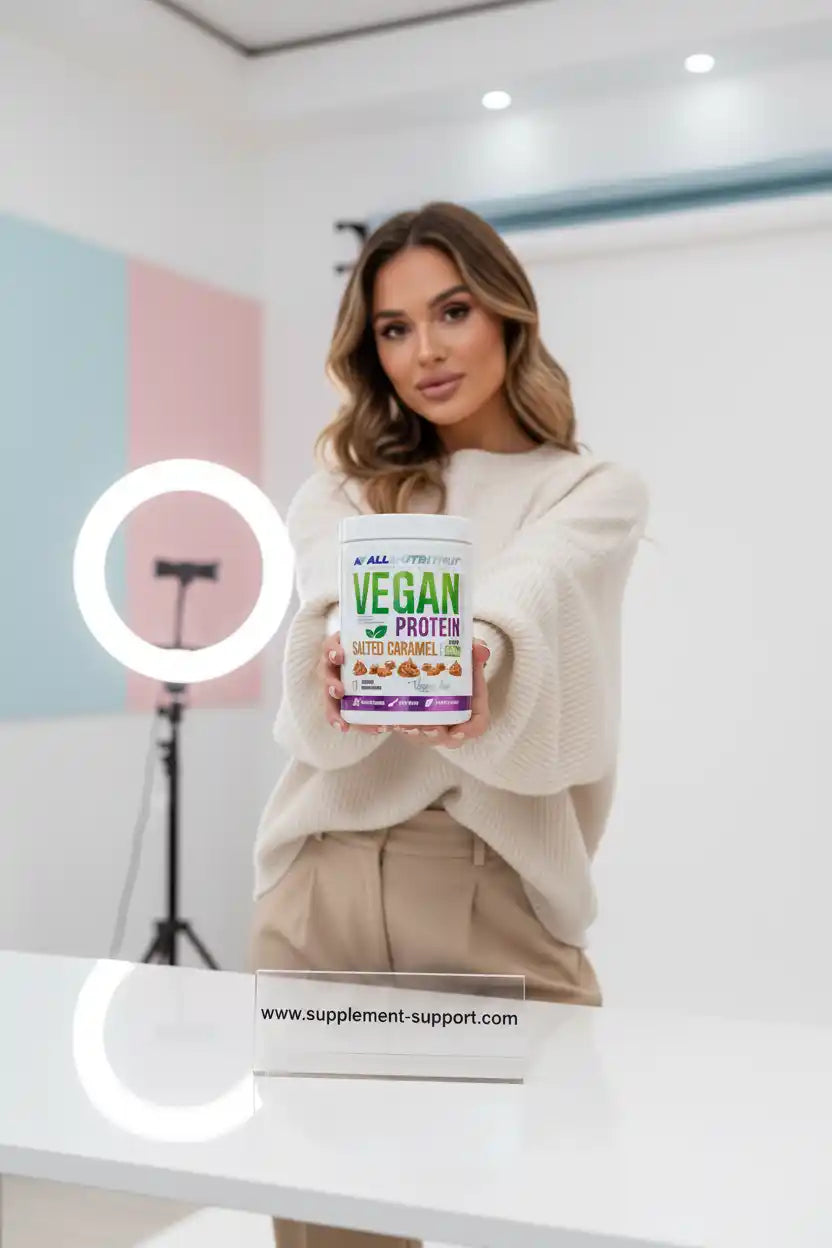 Frau hält Veganes Protein Pulver Salted Caramel für Fitness und Sportnahrung