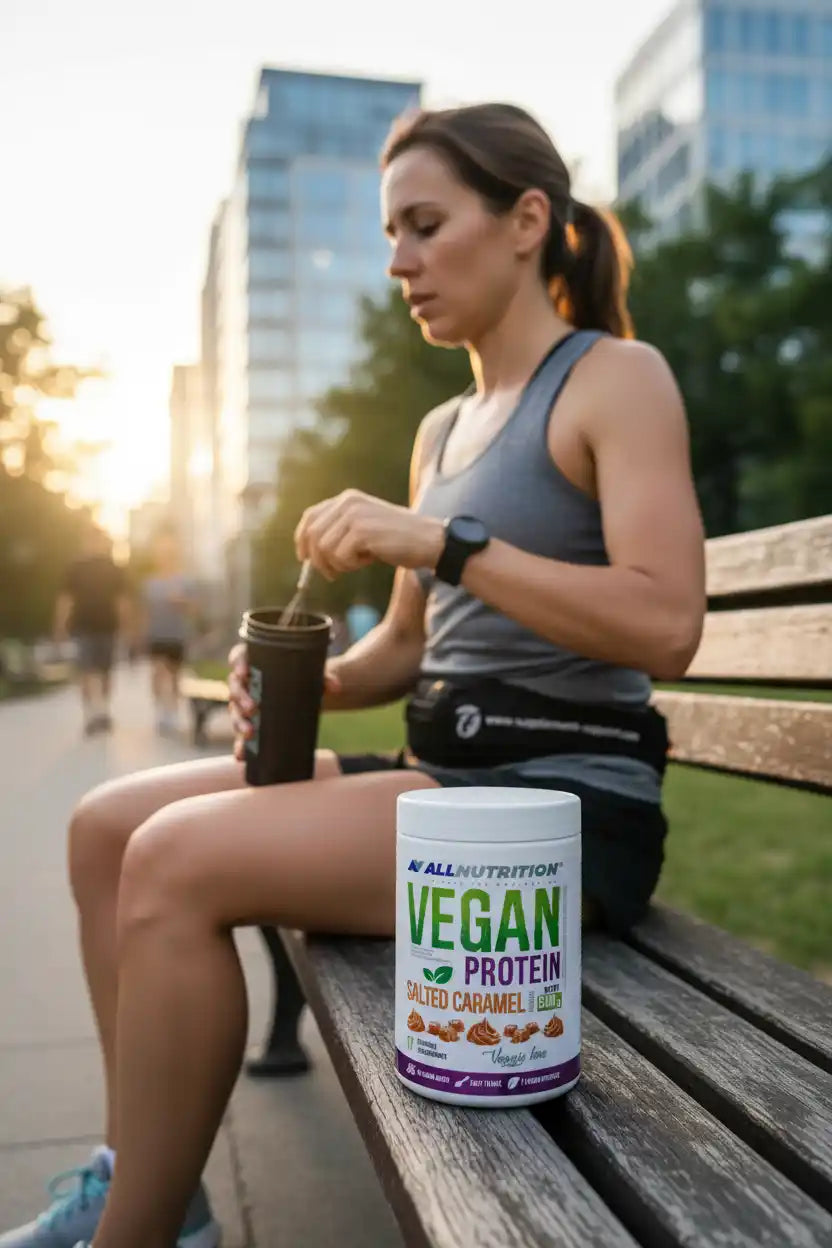 Frau trinkt Vegan Protein Salted Caramel nach Training im Park, ideal für Fitness und Sportler