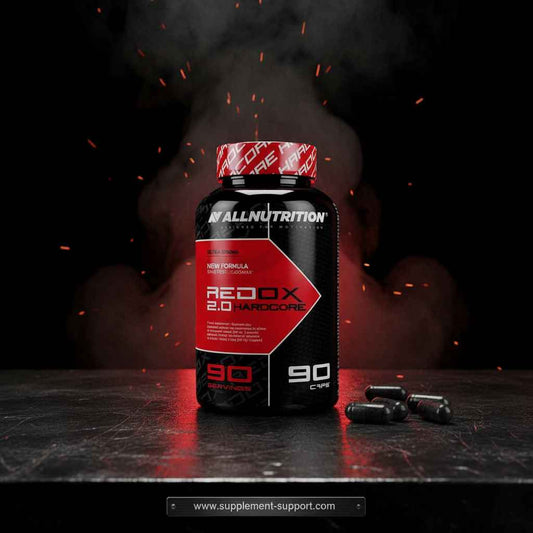 AllNutrition Redox 2.0 Hardcore Kapseln – 90 Portionen, Sportnahrung mit intensivem Design auf dunklem Hintergrund