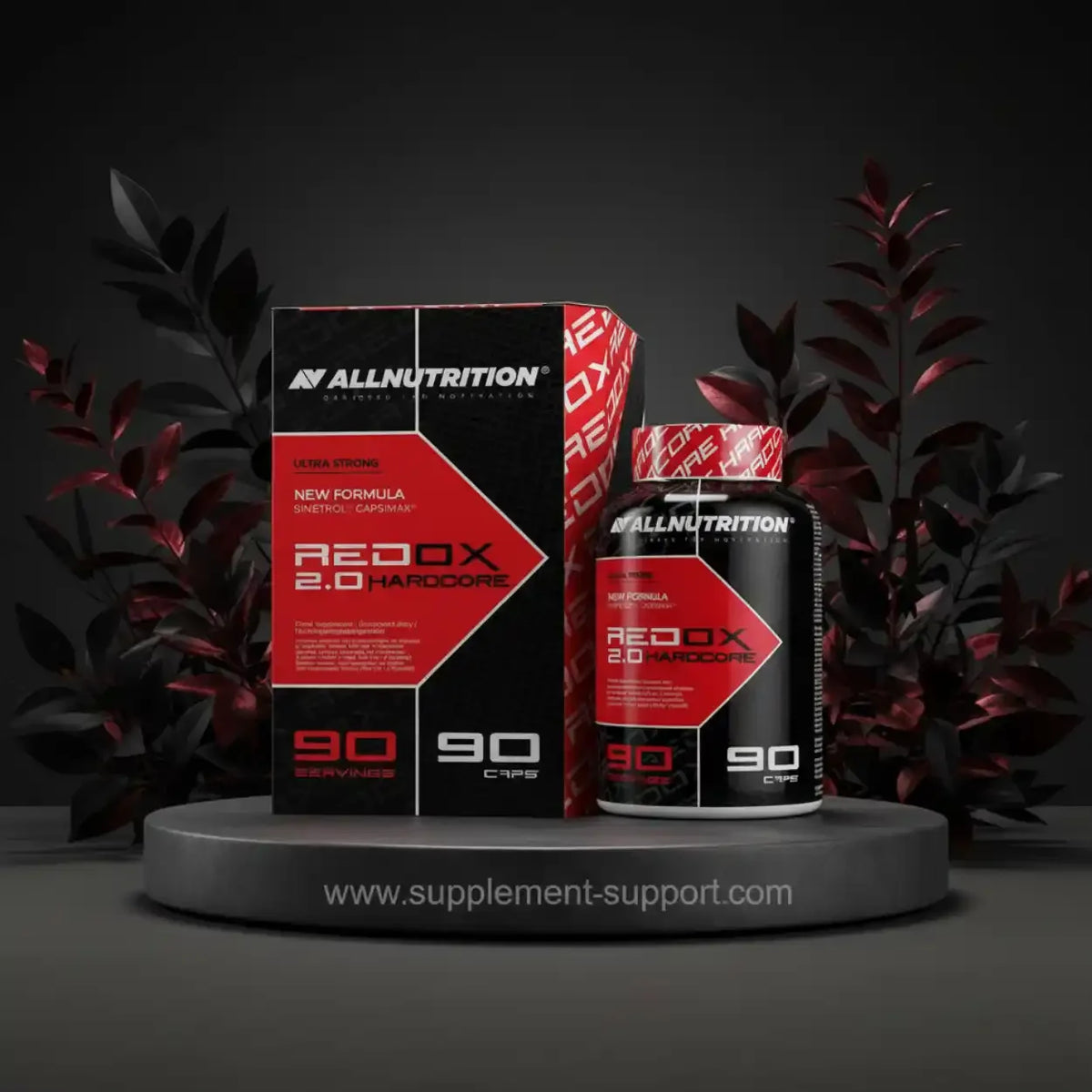 All Nutrition REDOX 2.0 Hardcore Fatburner Dose und Verpackung vor dunklem Hintergrund