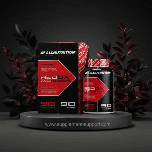 All Nutrition REDOX 2.0 Hardcore Fatburner Dose und Verpackung vor dunklem Hintergrund