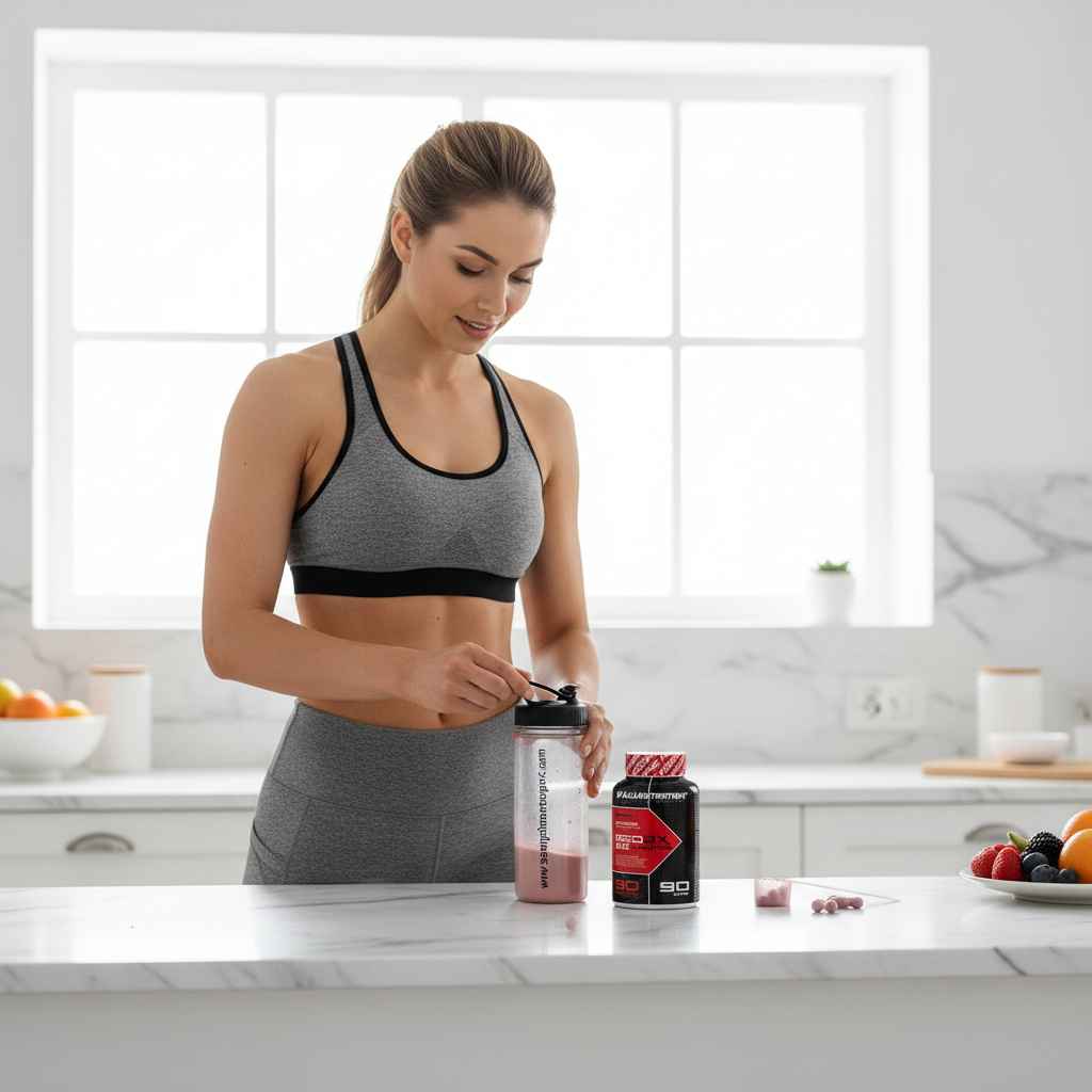 Frau bereitet Protein-Shake mit Nahrungsergänzungsmittel in der Küche vor – ideal für Fitness und Sport
