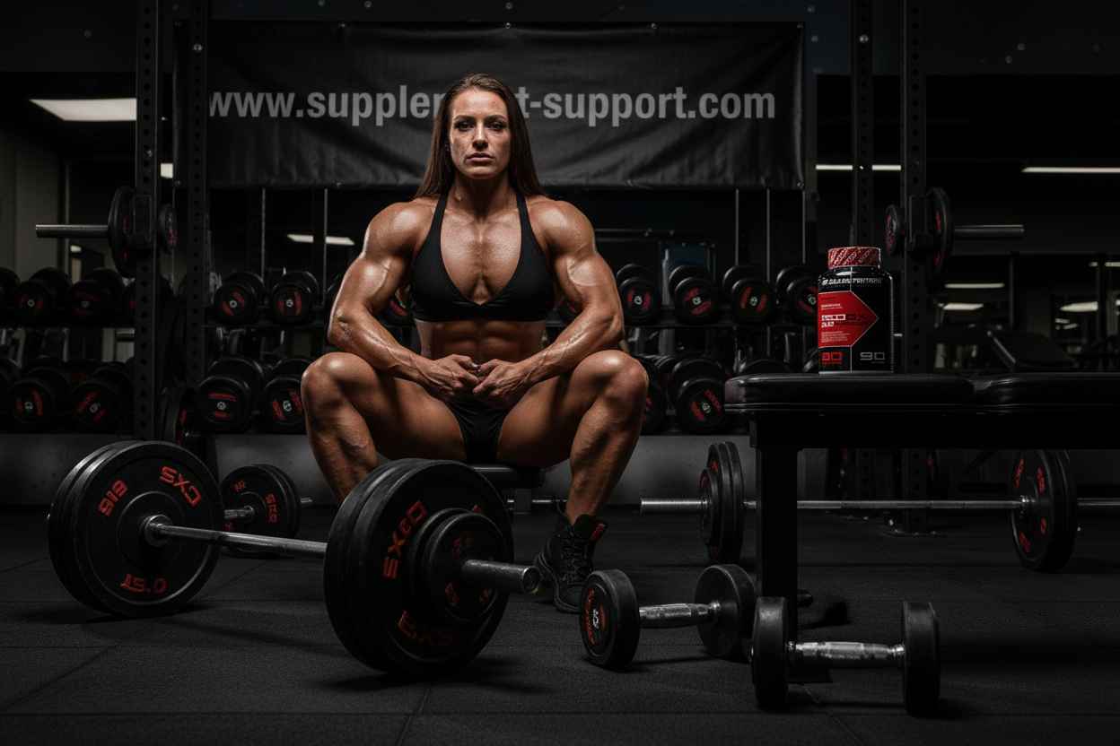 Muskulöse Frau im Fitnessstudio mit Hanteln und Nahrungsergänzungsmittel, ideal für Sportler und Fitness-Enthusiasten