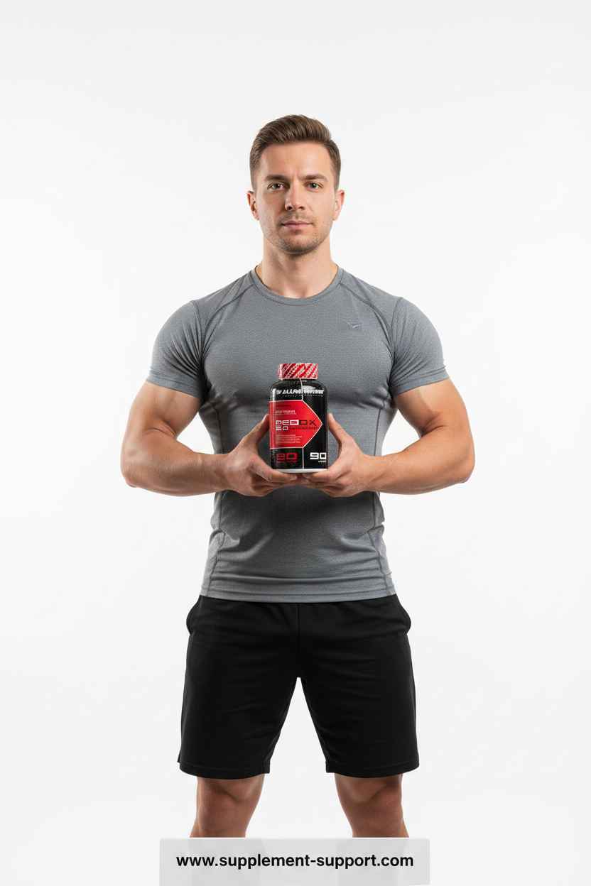 Muskulöser Mann hält Protein-Supplement-Flasche, ideal für Fitness und Sportler aus Berlin
