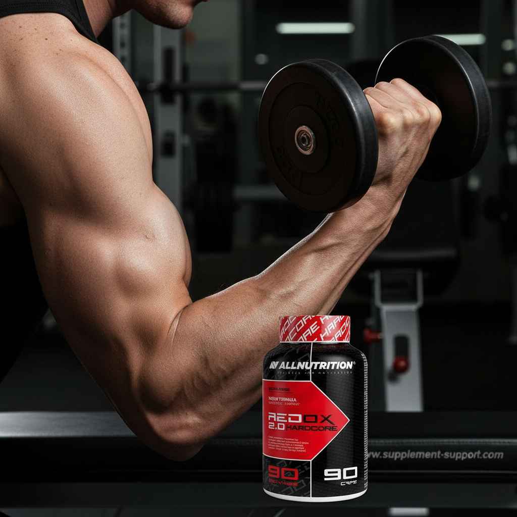 Muskulöser Arm mit Hantel und AllNutrition Redox 2.0 Hardcore – Sportnahrung für Fitness & Krafttraining
