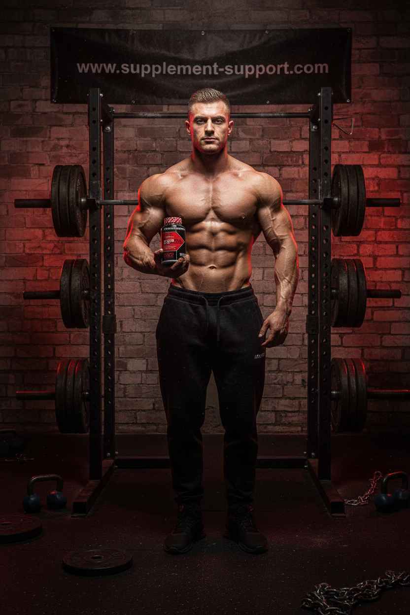 Muskulöser Athlet mit Nahrungsergänzungsmittel vor Gewichtheberständer im Fitnessstudio