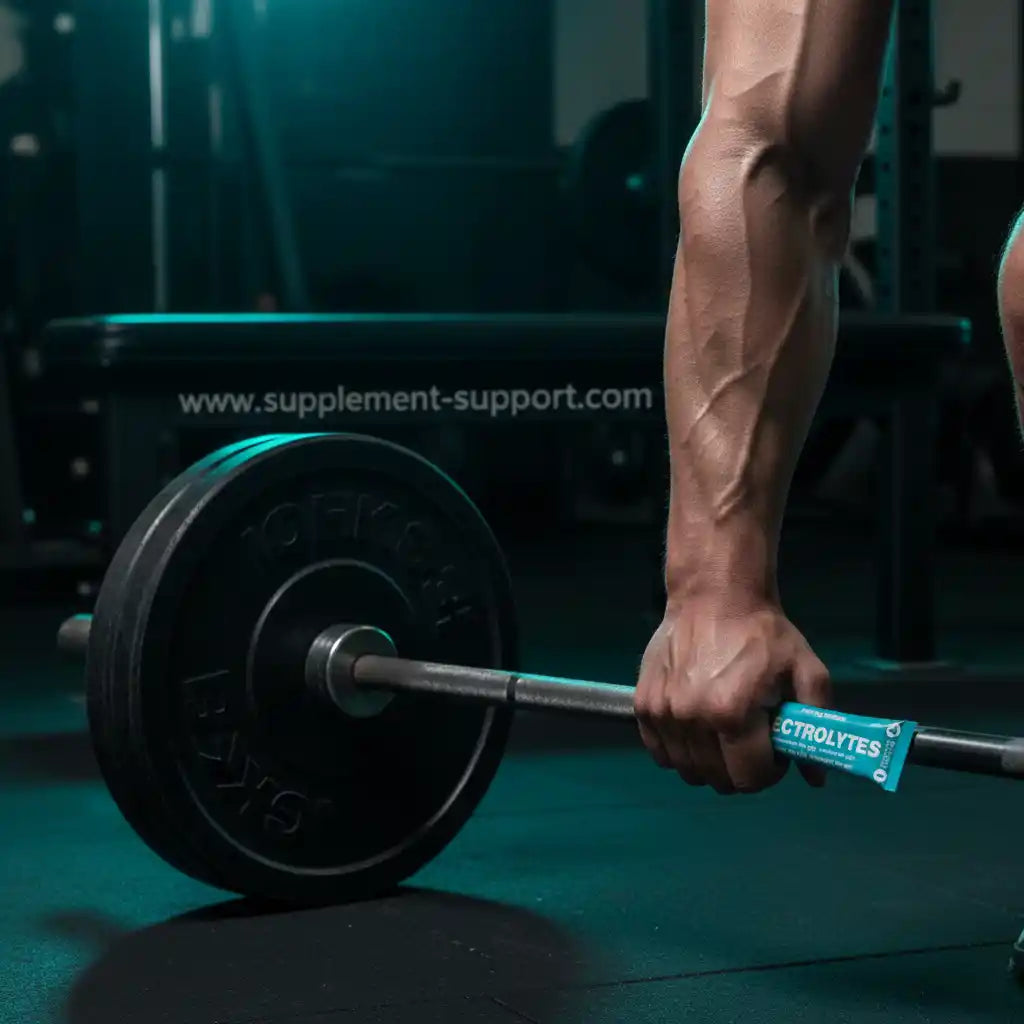 Muskulöser Arm greift Hantel im Fitnessstudio, Elektrolyte-Gel für Sportler