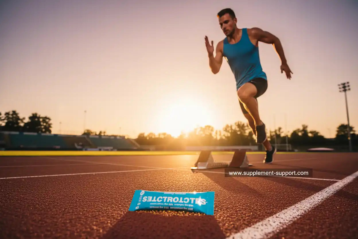 Athlet beim Sprint auf Laufbahn mit Energiegel – ideal für Fitness, Fußball & Laufen
