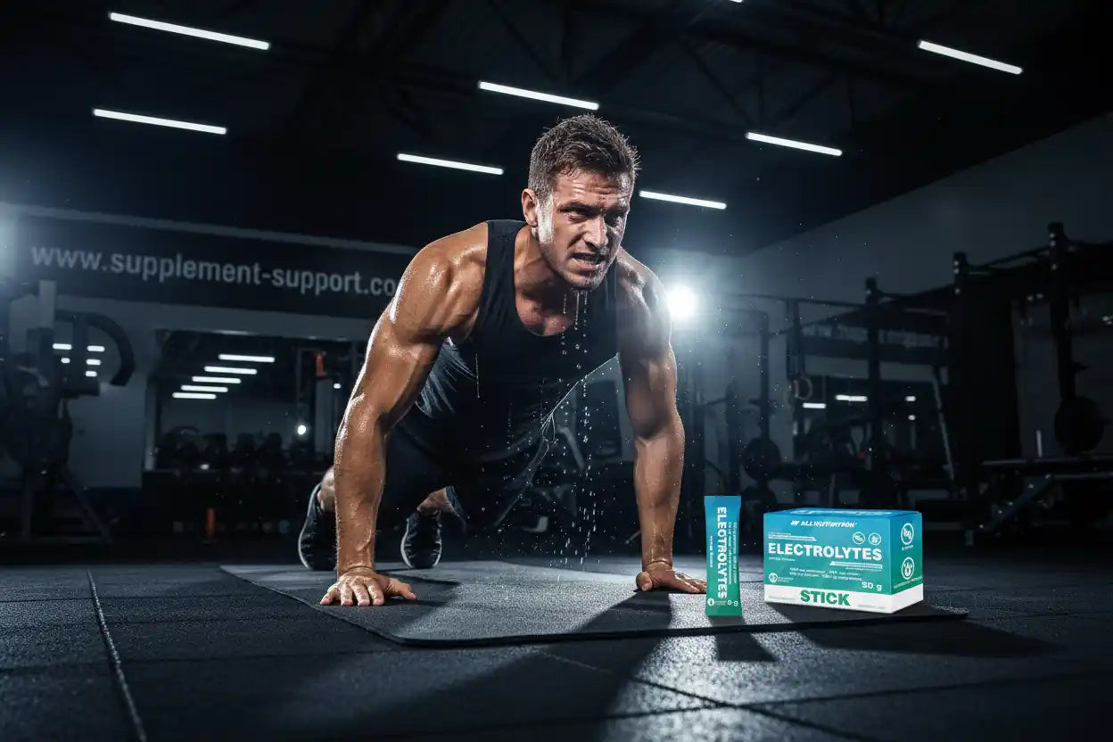 Muskulöser Mann beim Push-up im Fitnessstudio mit Elektrolyt-Sticks für Sportler