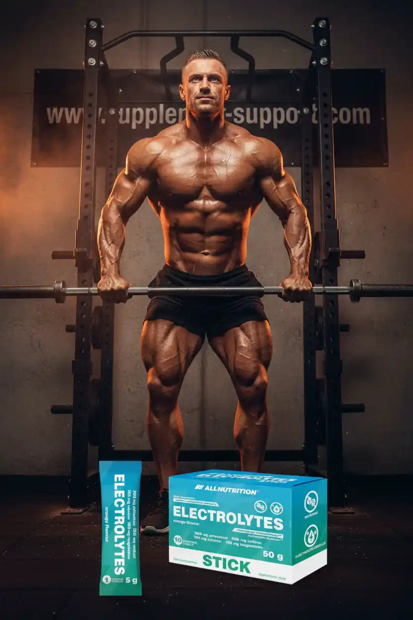 Muskulöser Athlet mit Elektrolyt-Sticks für Fitness und Sportnahrung