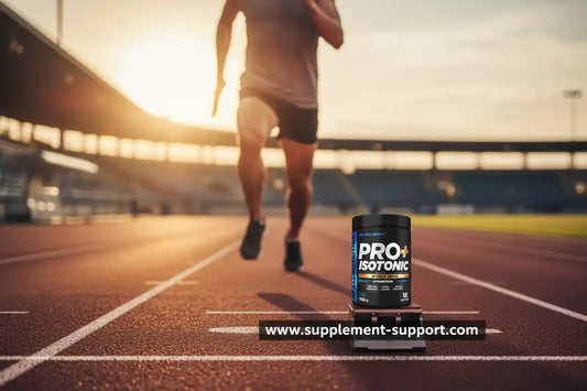 PRO+ Isotonic Sportnahrung auf Laufbahn mit Läufer im Hintergrund, ideal für Fitness und Leistung