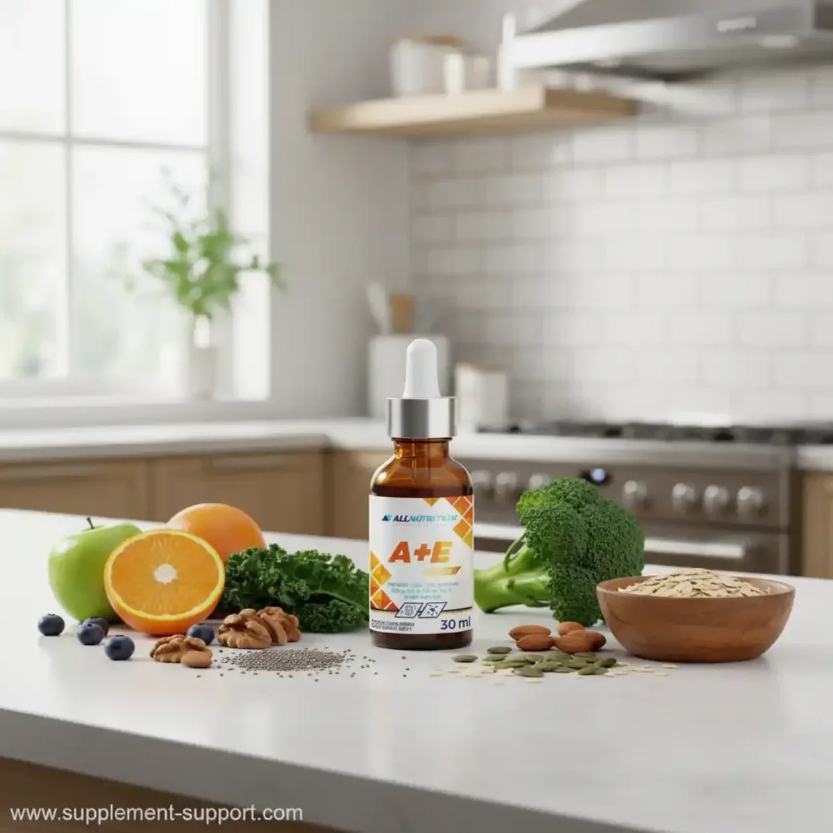 A+E Vitamin Tropfen mit Obst, Gemüse und Nüssen in moderner Küche – Nahrungsergänzung für Sportler