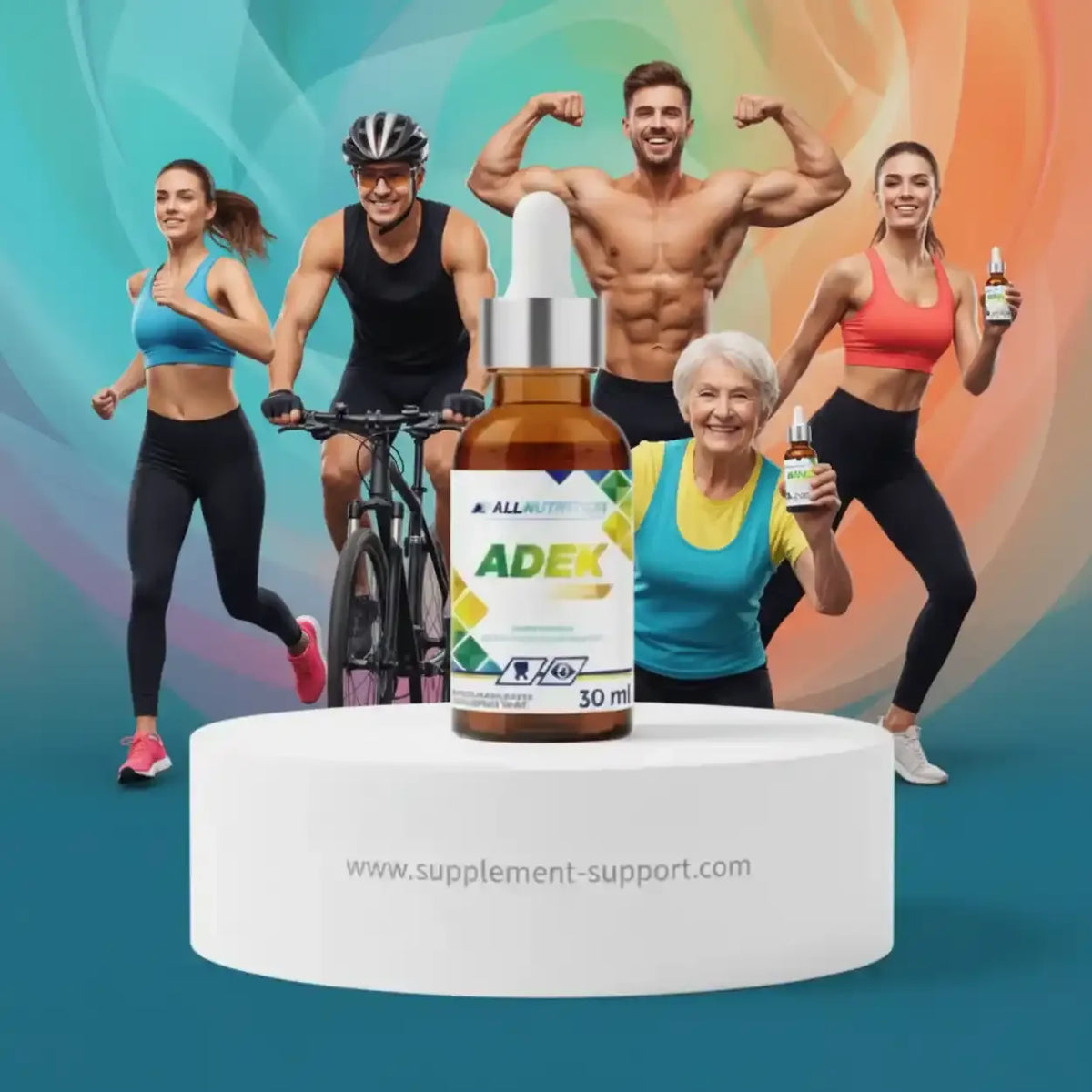All Nutrition ADEK Vitamin Tropfen 30ml vor sportlichen Menschen in verschiedenen Altersgruppen.