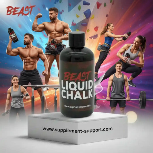 Alpha Designs Beast Liquid Chalk Flasche im Zentrum mit Bodybuildern und Sportlern im Hintergrund.
