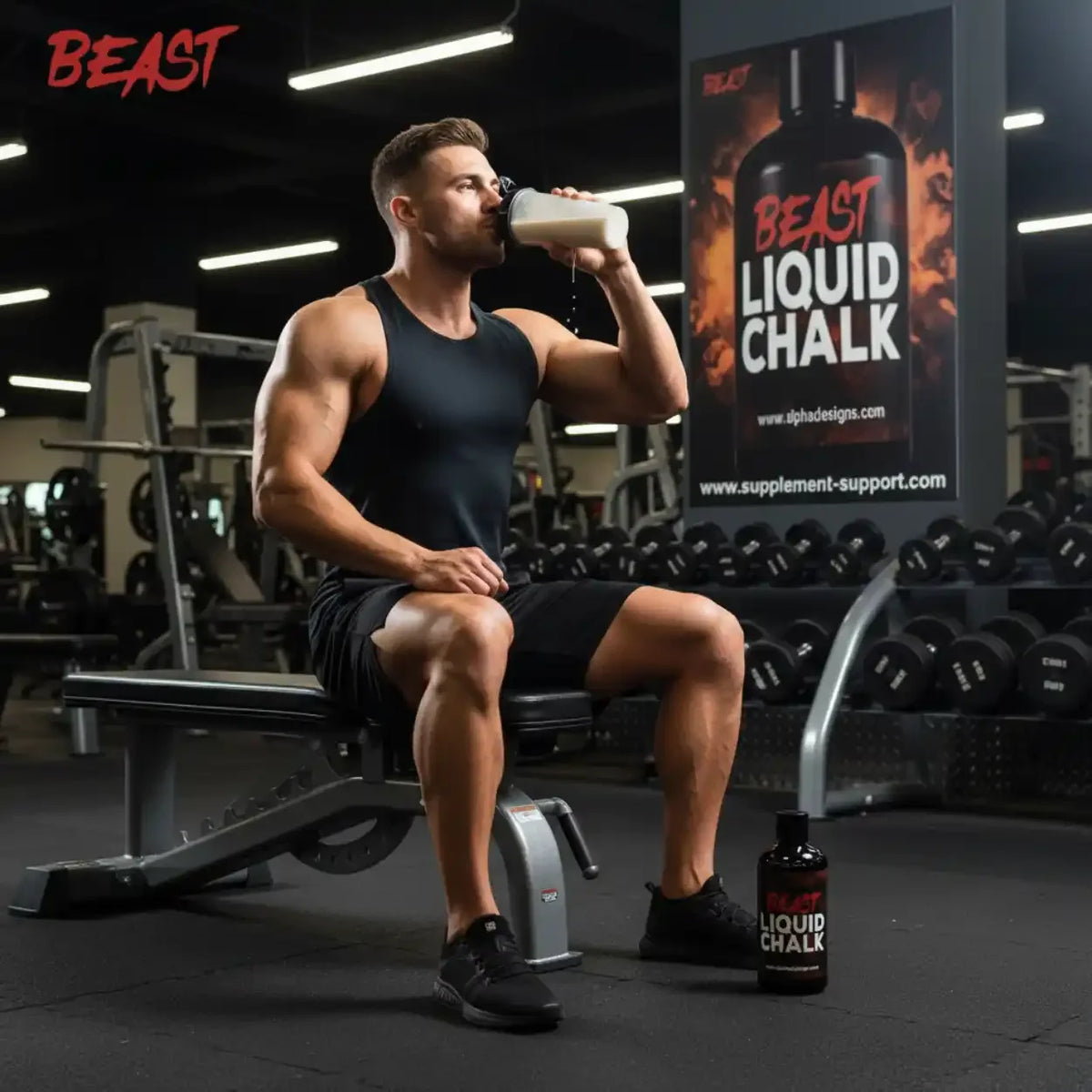 Muskulöser Mann im Fitnessstudio mit Alpha Designs Beast Liquid Chalk
