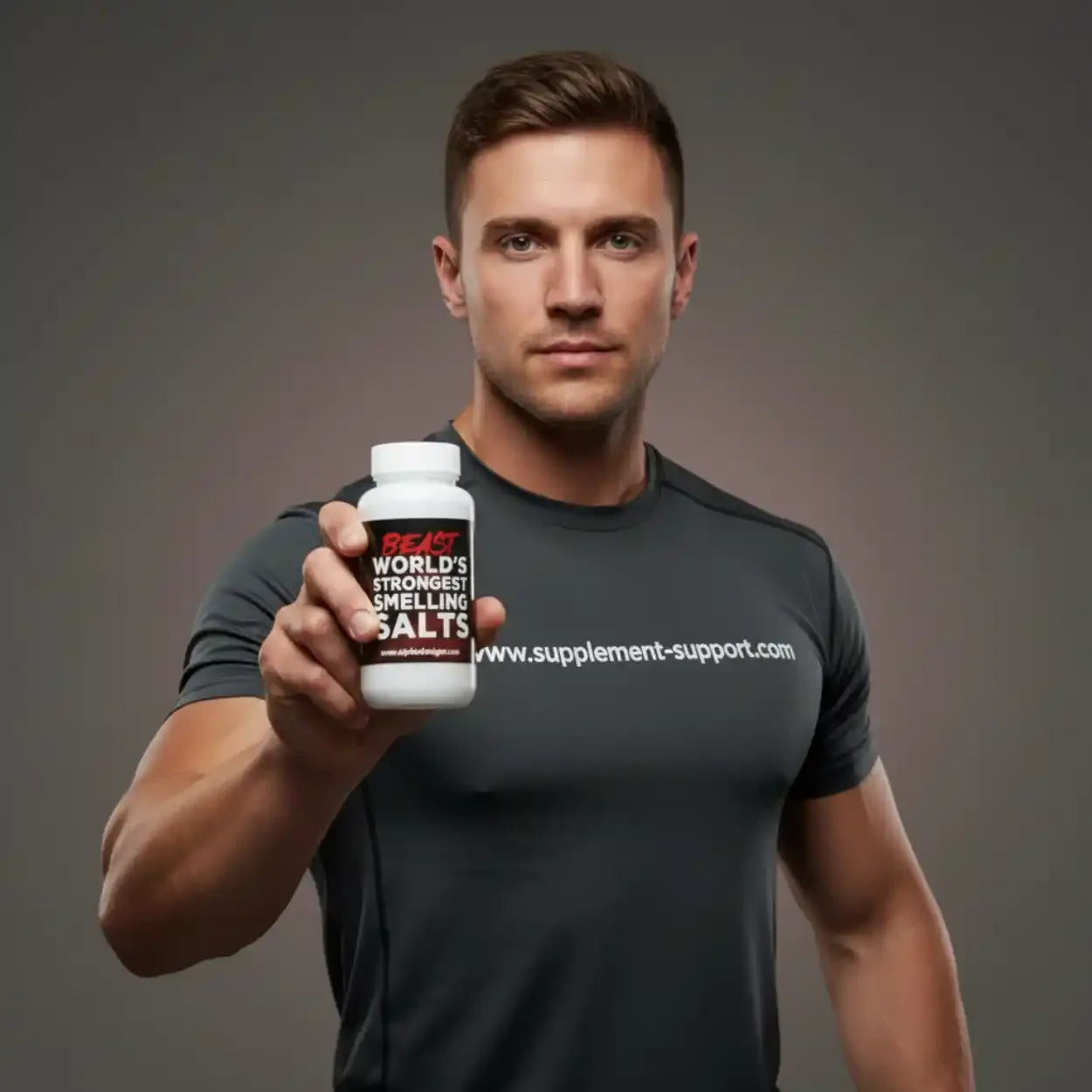 Sportler hält Dose mit Riechsalz, Sportnahrung, Nahrungsergänzung, grauer Hintergrund