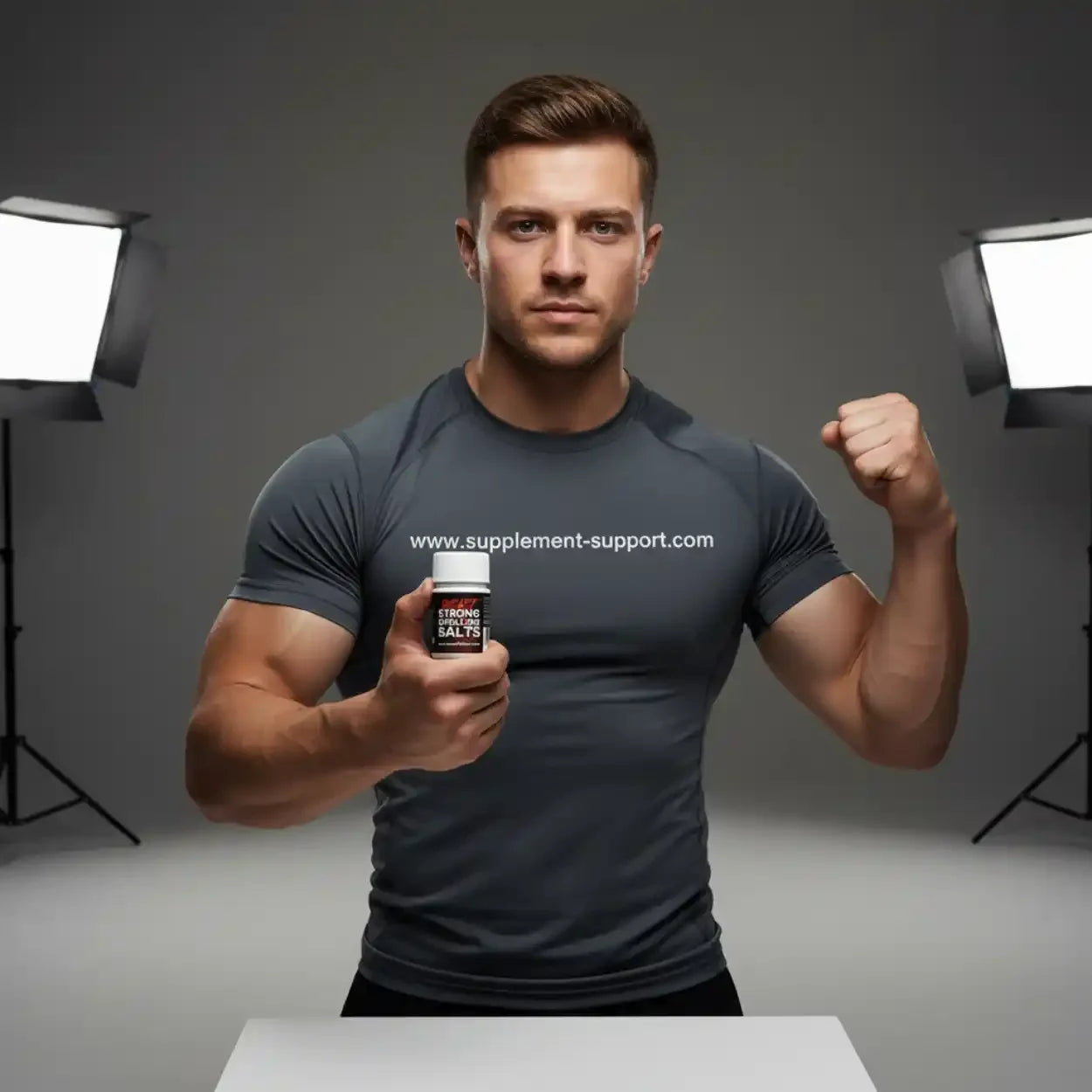 Muskulöser Mann im Sportshirt präsentiert starkes Riechsalz Supplement für Fitness im Studio