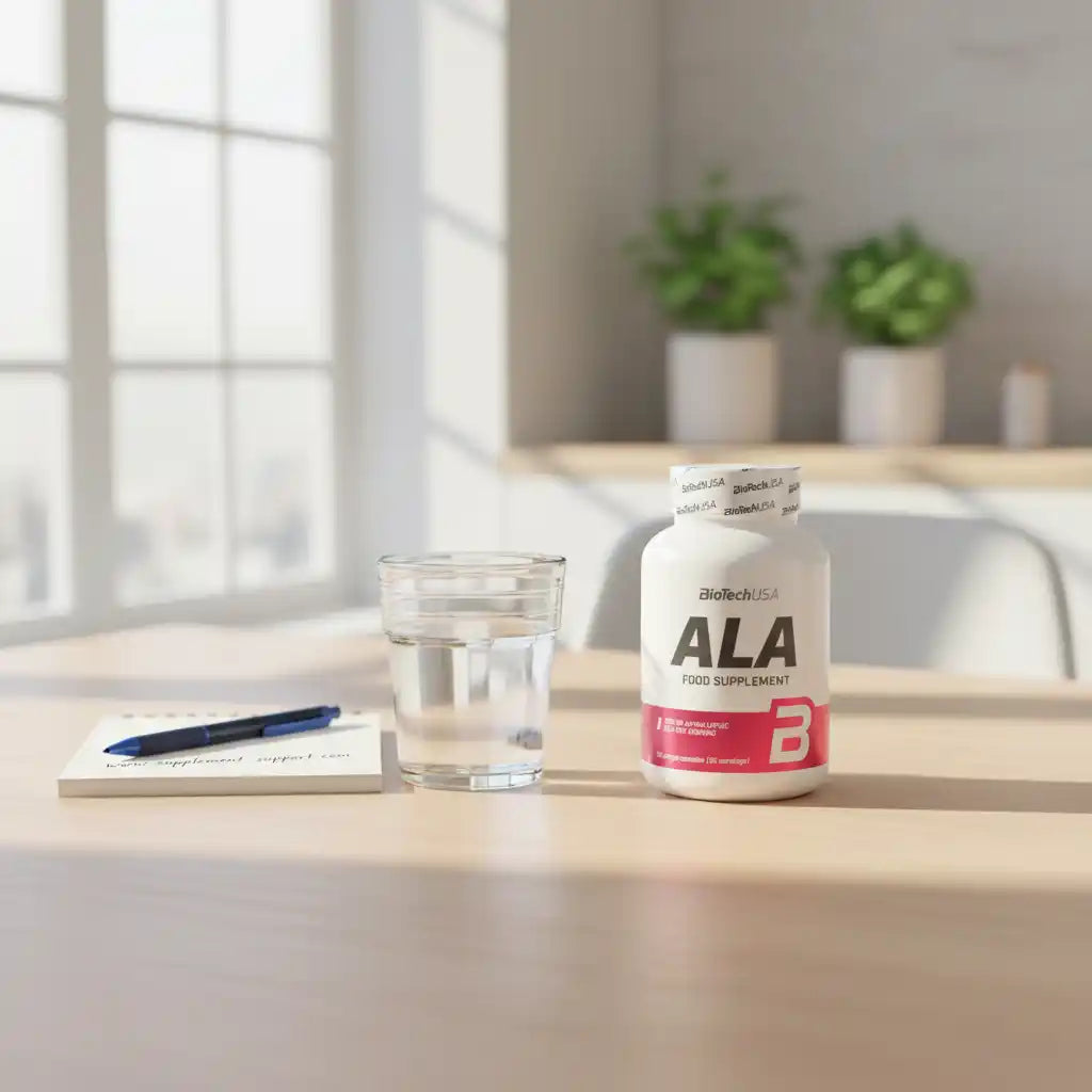 ALA Nahrungsergänzungsmittel von BioTechUSA mit Wasser und Notizbuch auf Holztisch