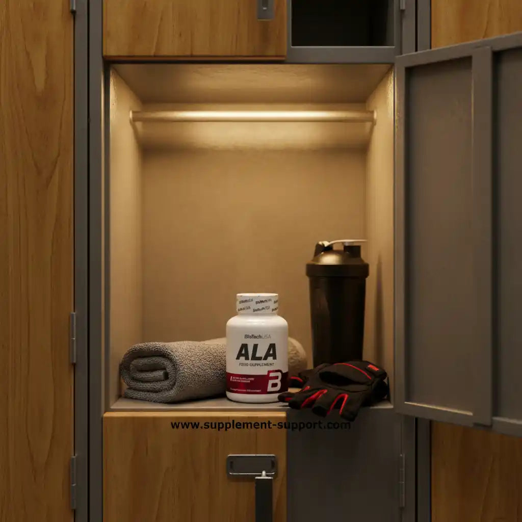 ALA Nahrungsergänzungsmittel in Spind mit Shaker und Fitnesshandschuhen für Sportler