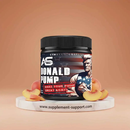 American Supps Donald Pump Booster 510g Dose auf Marmorunterlage mit Pfirsichen