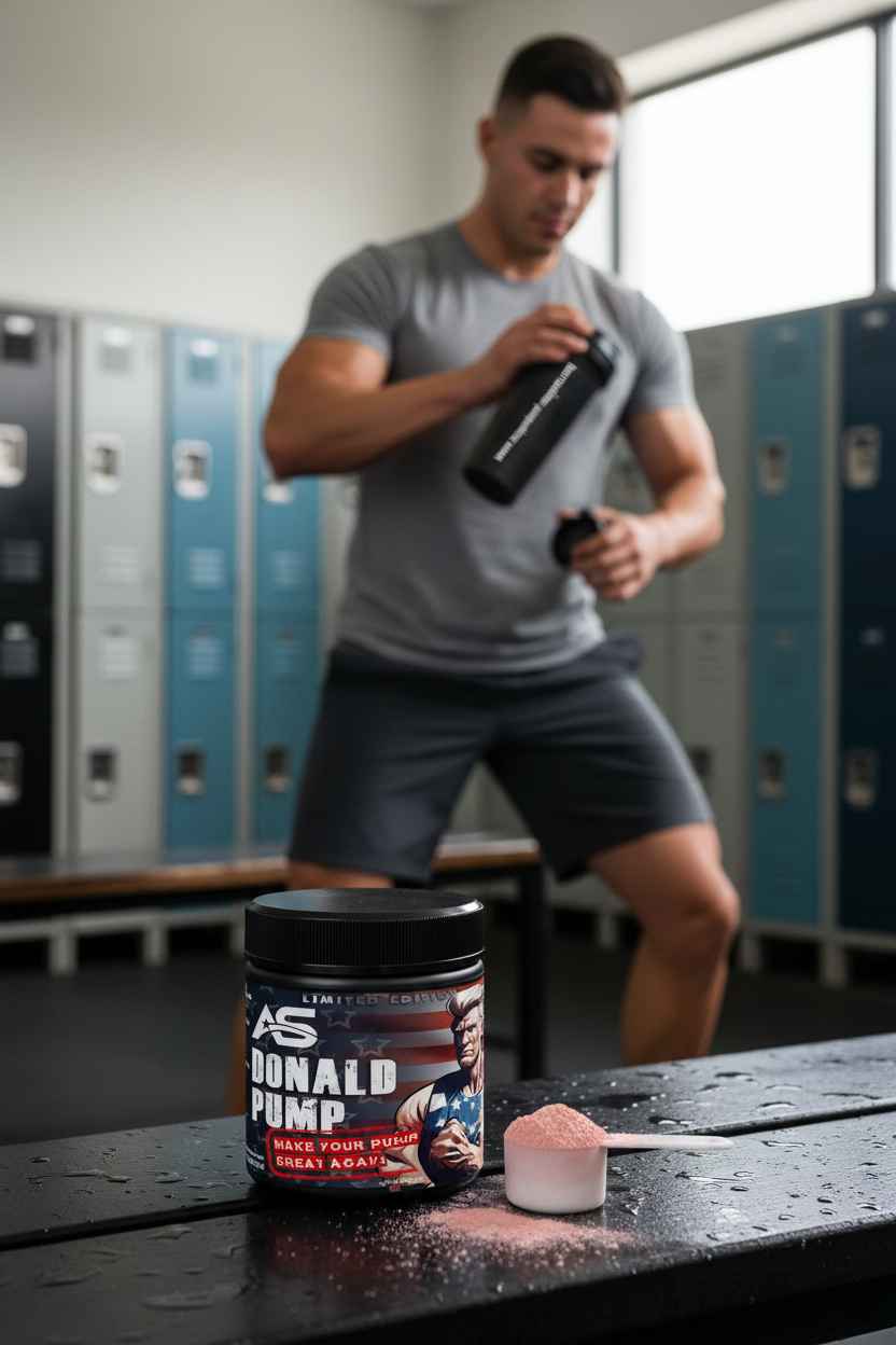 Donald Pump Pre-Workout Pulver mit Shaker im Fitnessstudio, ideal für Sportler und Muskelaufbau