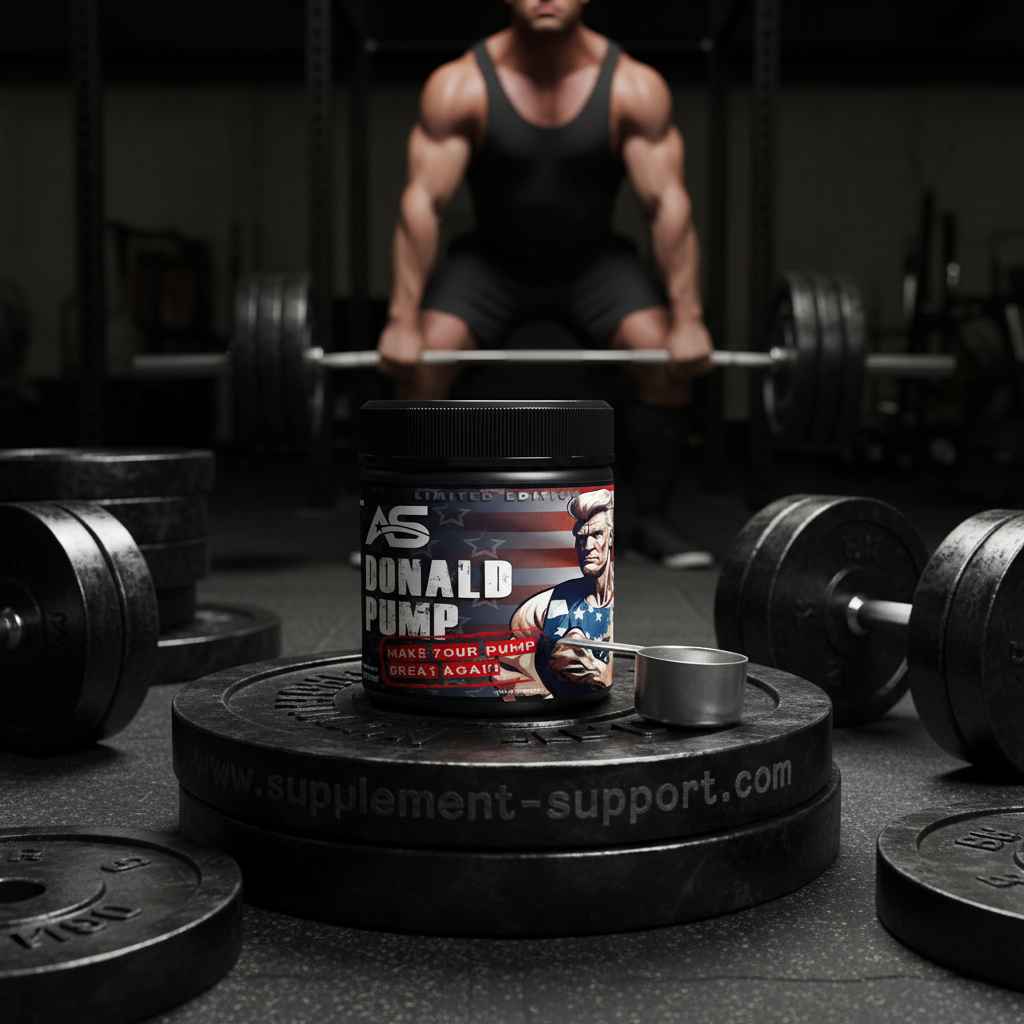 Donald Pump Pre-Workout in Gym mit Muskelmann, Hanteln und Gewichten – Sportnahrung für Fitness & Training