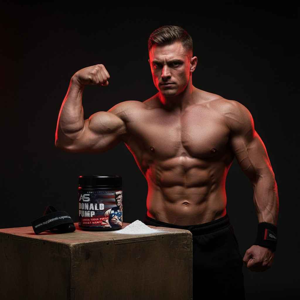 Muskulöser Mann mit Bizeps, Nahrungsergänzungsmittel und Fitnesszubehör