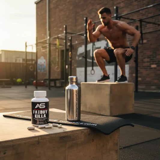 Fatboy Killa Nahrungsergänzungsmittel und Trinkflasche im Outdoor-Fitnessbereich mit Sportler im Training