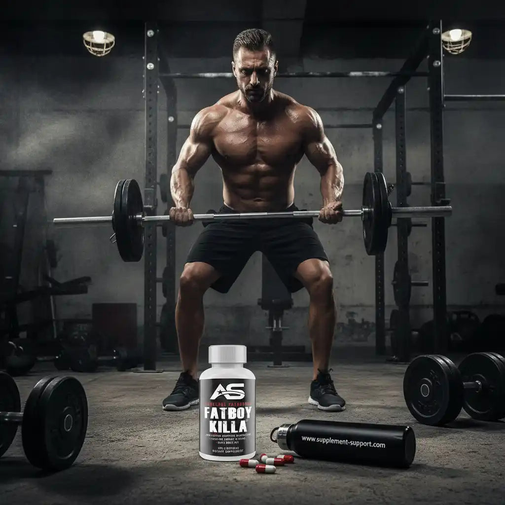 Muskulöser Athlet beim Gewichtheben mit Fatboy Killa Supplement und Trinkflasche im Fitnessstudio