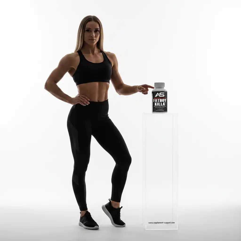 Frau in Sportbekleidung zeigt Fatboy Killa Fettburner für Fitness und Muskelaufbau