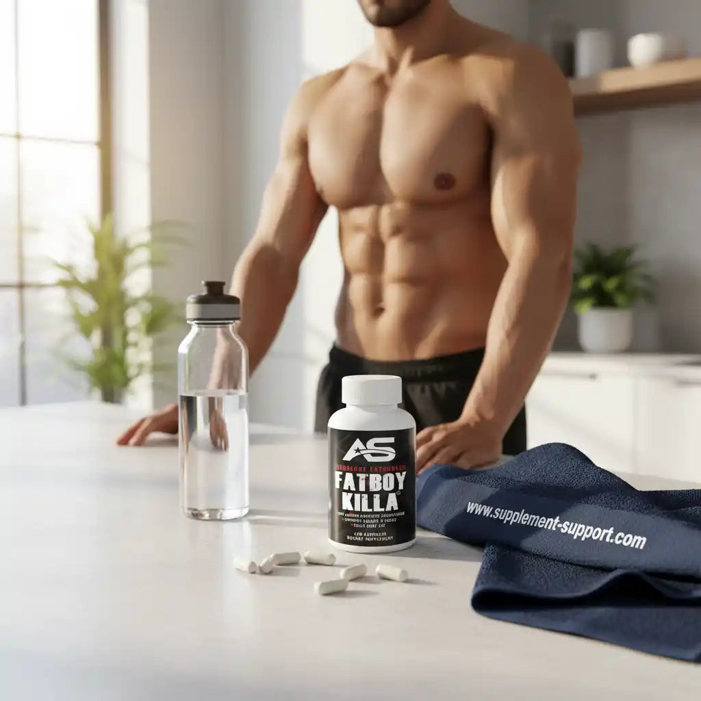 Muskulöser Mann mit Fatboy Killa Kapseln, Wasserflasche und Handtuch – Fitness & Sportnahrung