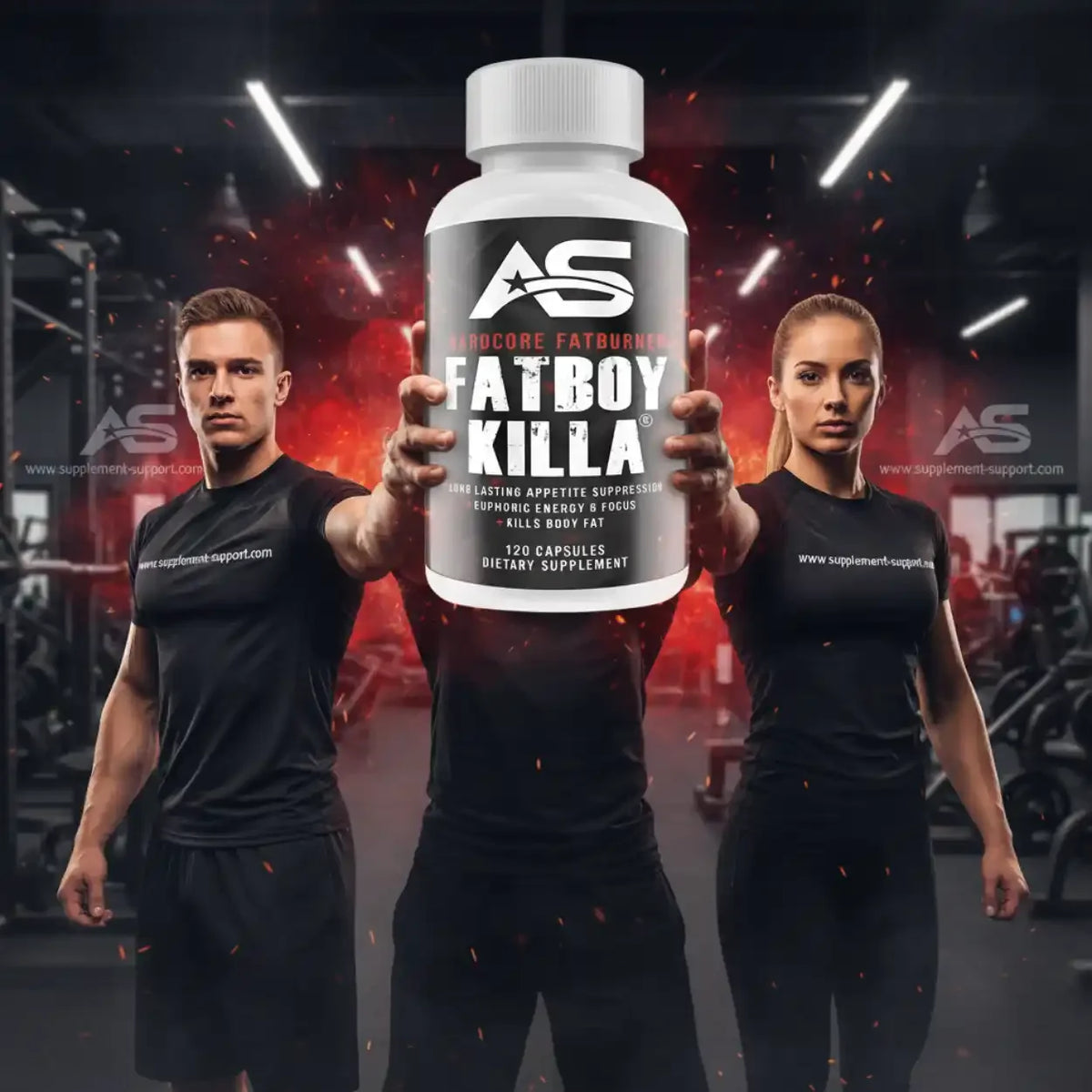 American Supps Fatboy Killa Fatburner Nahrungsergänzungsmittel vor zwei Athleten im Fitnessstudio
