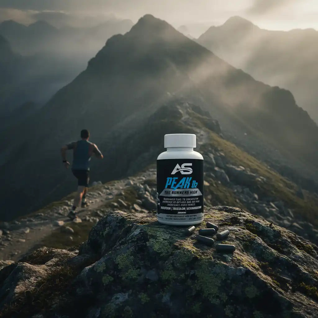 AS Peak O2 Nahrungsergänzung für Läufer auf Bergspitze mit Läufer im Hintergrund