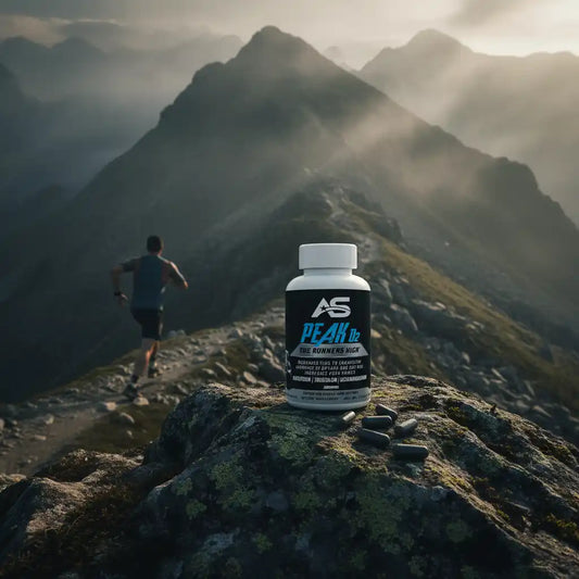 AS Peak O2 Nahrungsergänzung für Läufer auf Bergspitze mit Läufer im Hintergrund