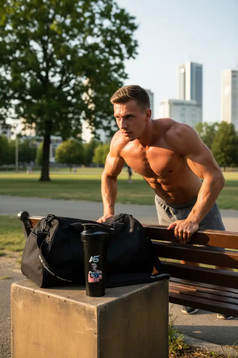 Muskulöser Mann im Park mit Sporttasche und Shaker – Fitness & Sportnahrung für Athleten