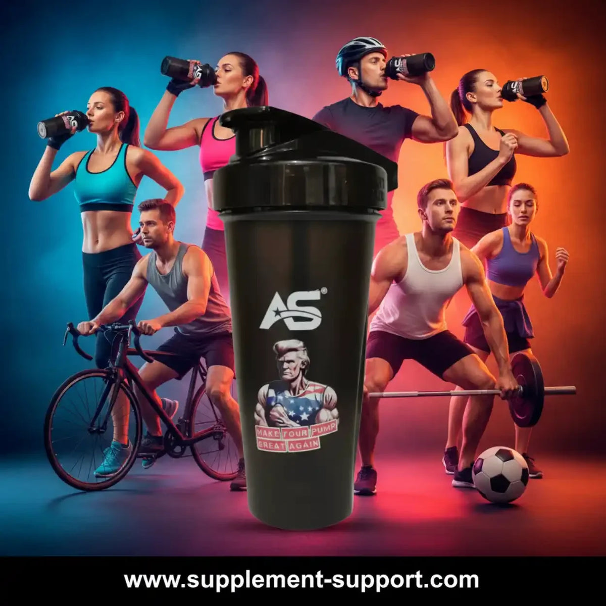 American Supps Protein Shaker Donald Pump 800ml in Schwarz mit Sportlern im Hintergrund