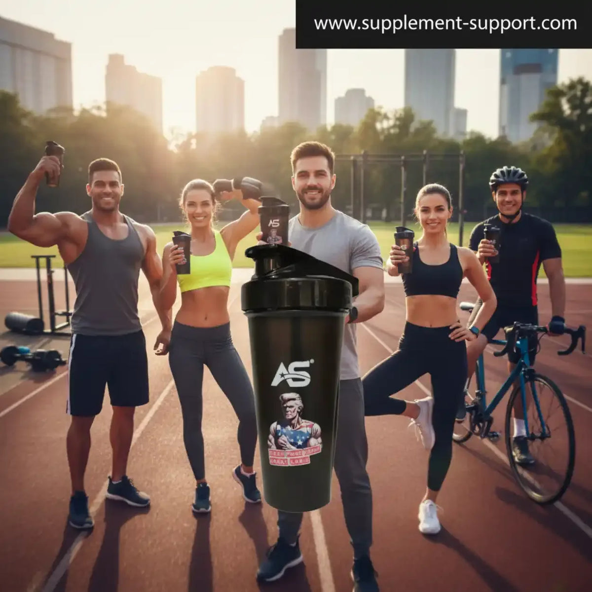 American Supps Protein Shaker Donald Pump 800ml vor sportlichen Menschen im Freien