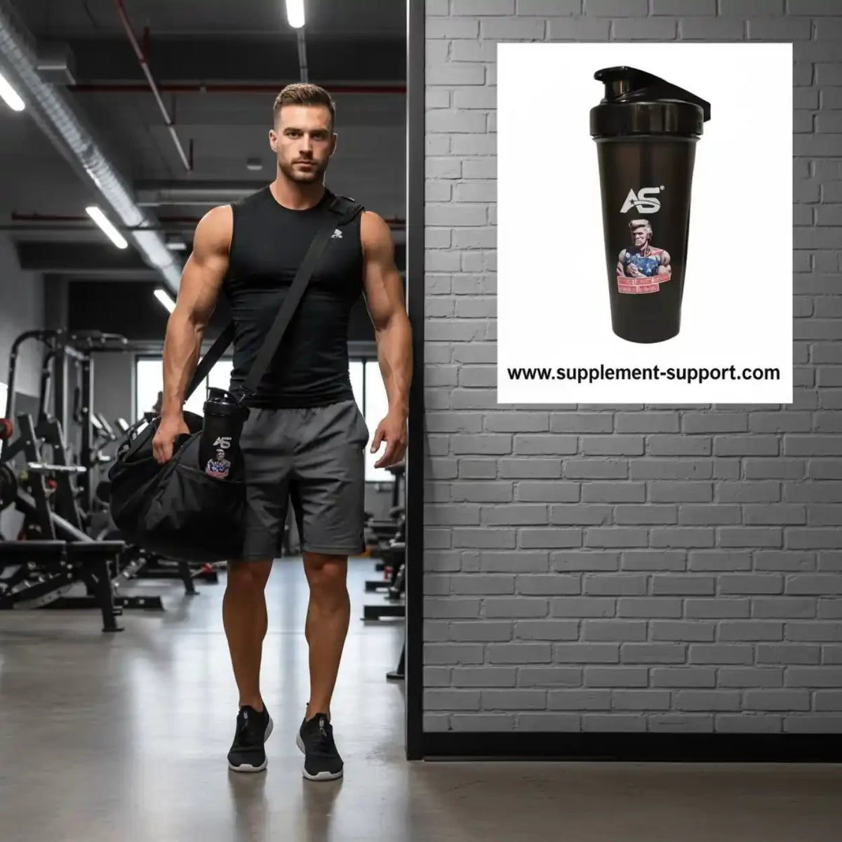 American Supps Protein Shaker Donald Pump 800ml in Schwarz bei einem Sportler im Fitnessstudio