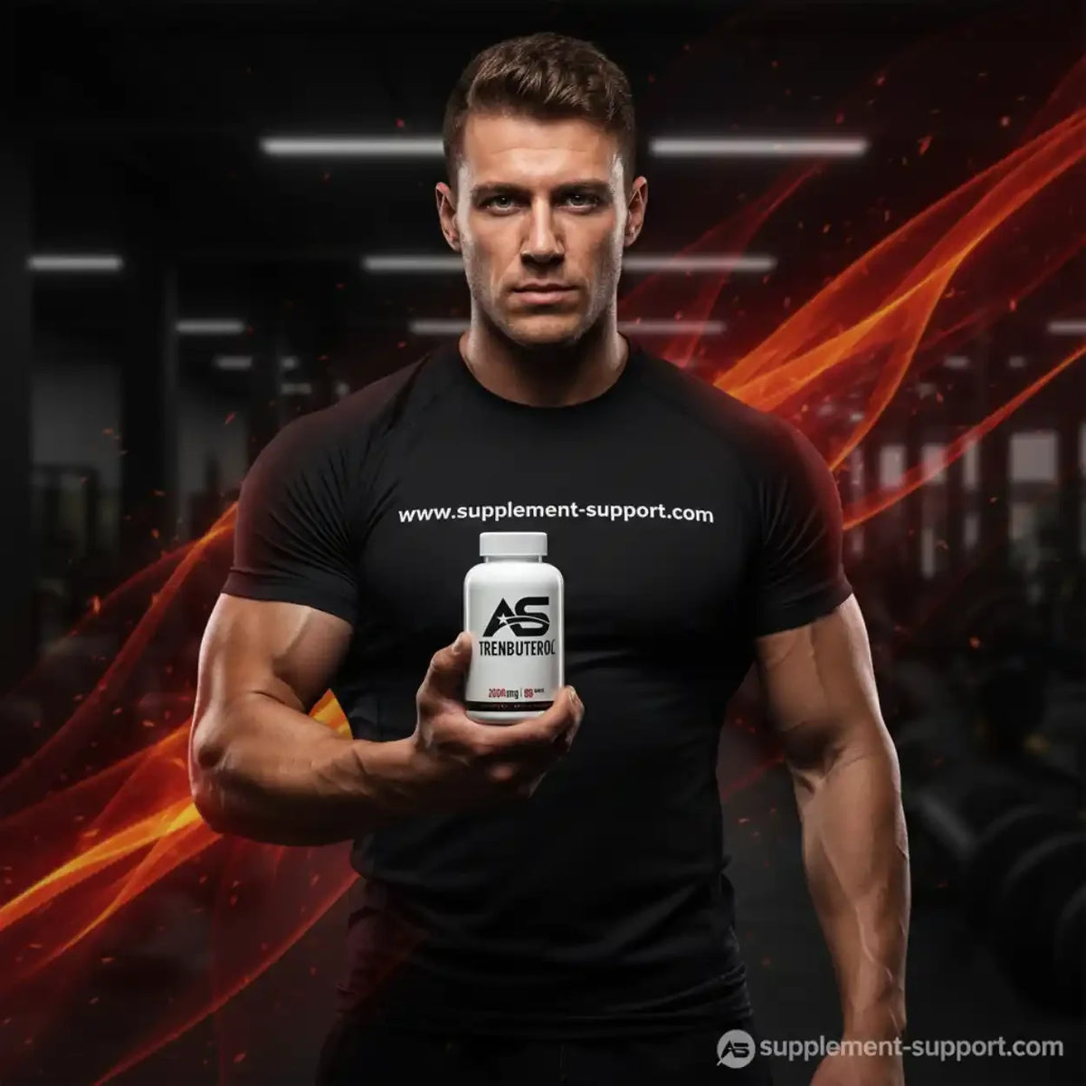 Muskulöser Mann hält eine Dose American Supps Tren-buterol TsT-Booster im Fitnessstudio.