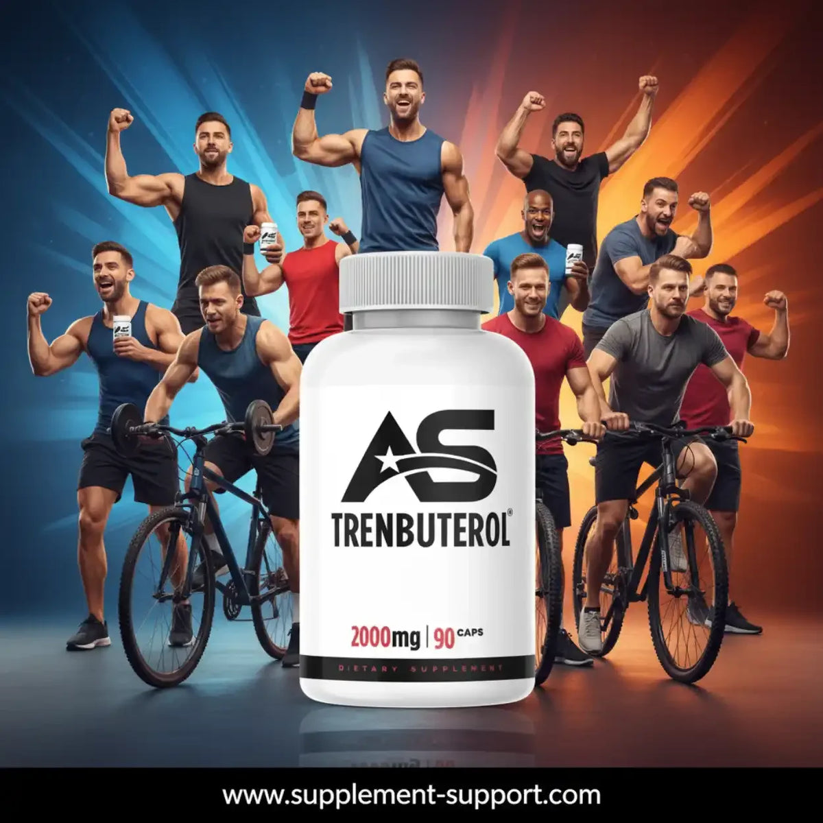 American Supps Tren-buterol TsT-Booster Kapseln vor muskulösen Männern und Mountainbikes