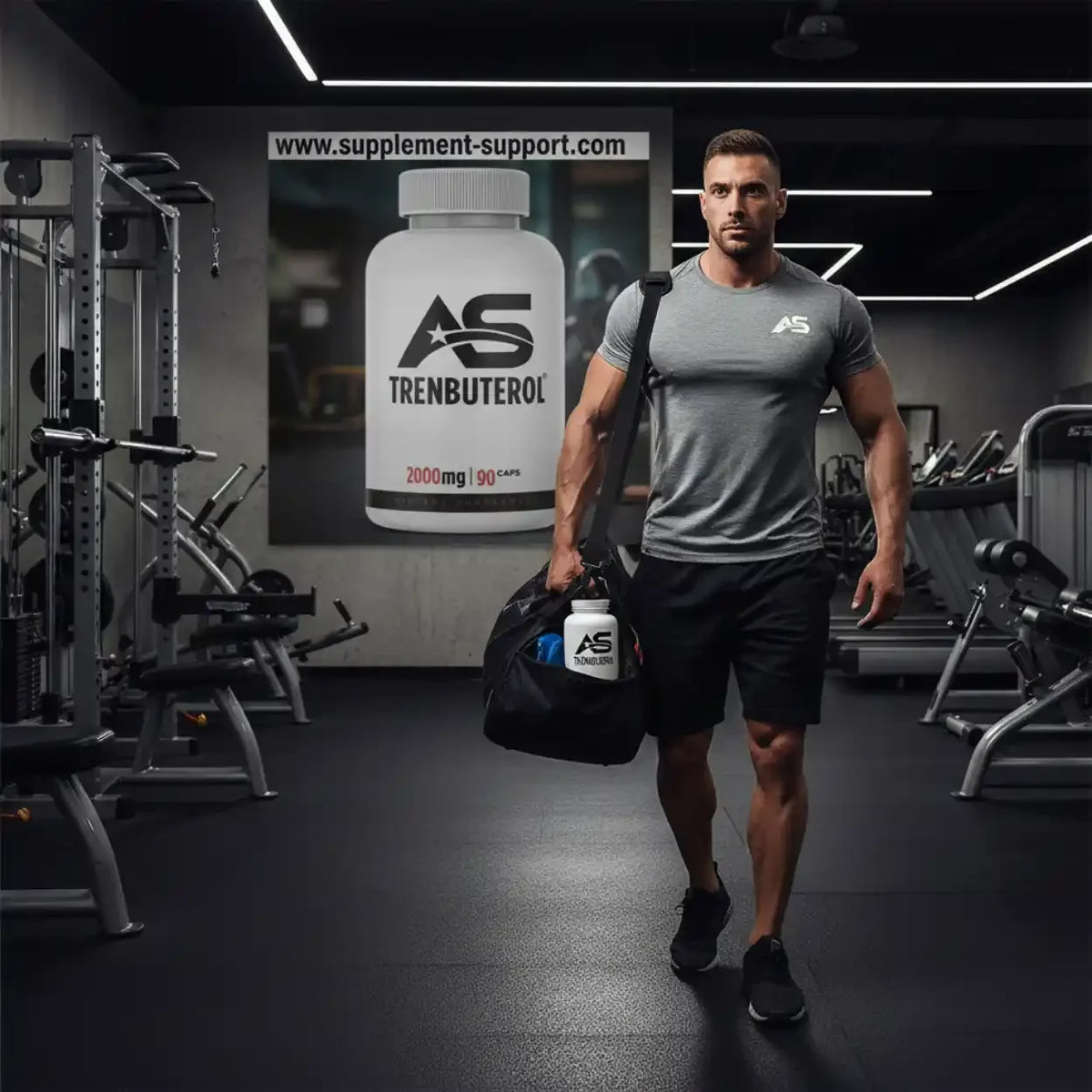 Muskulöser Mann im Fitnessstudio mit American Supps Tren-buterol TsT-Booster