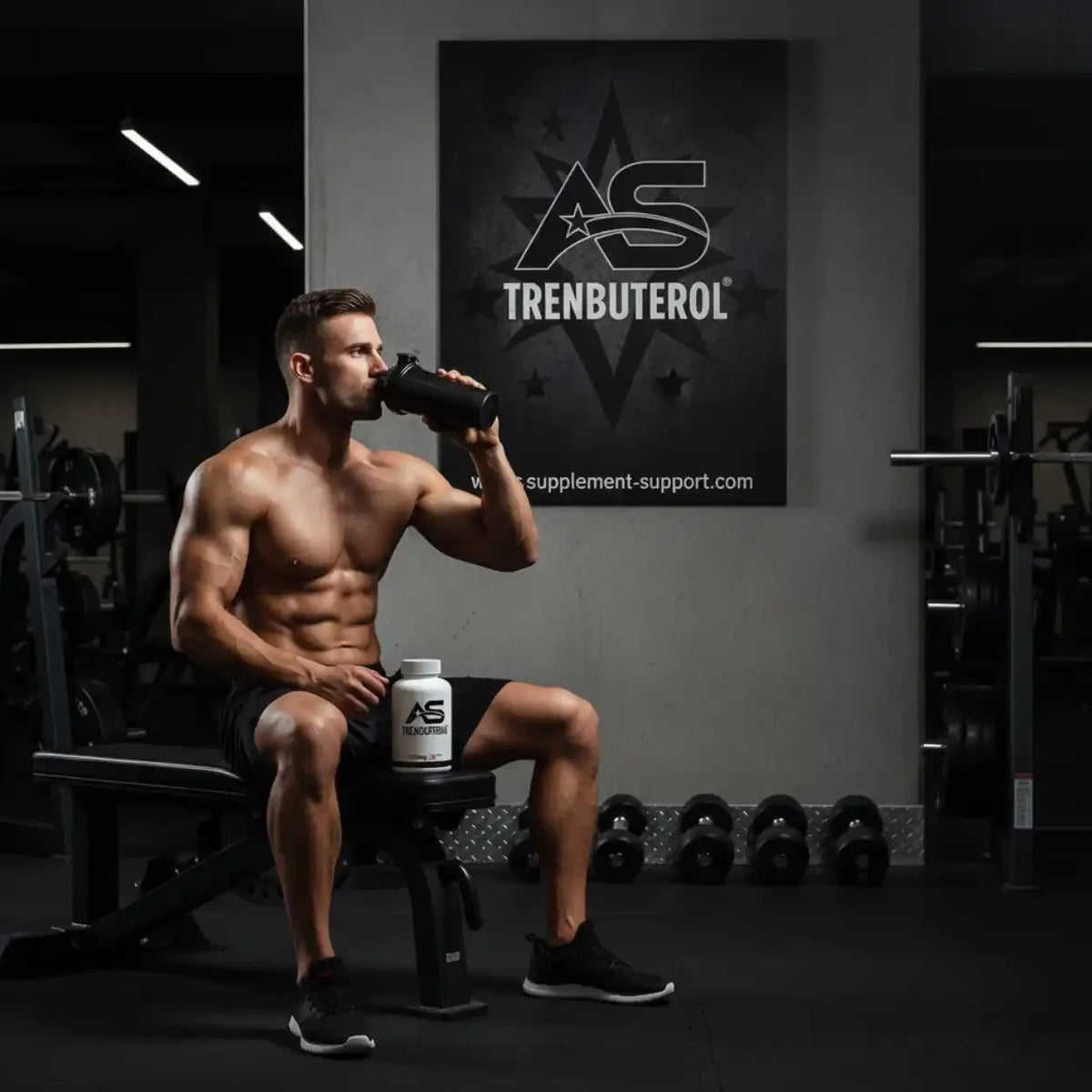 Muskulöser Mann im Fitnessstudio mit American Supps Tren-buterol TsT-Booster