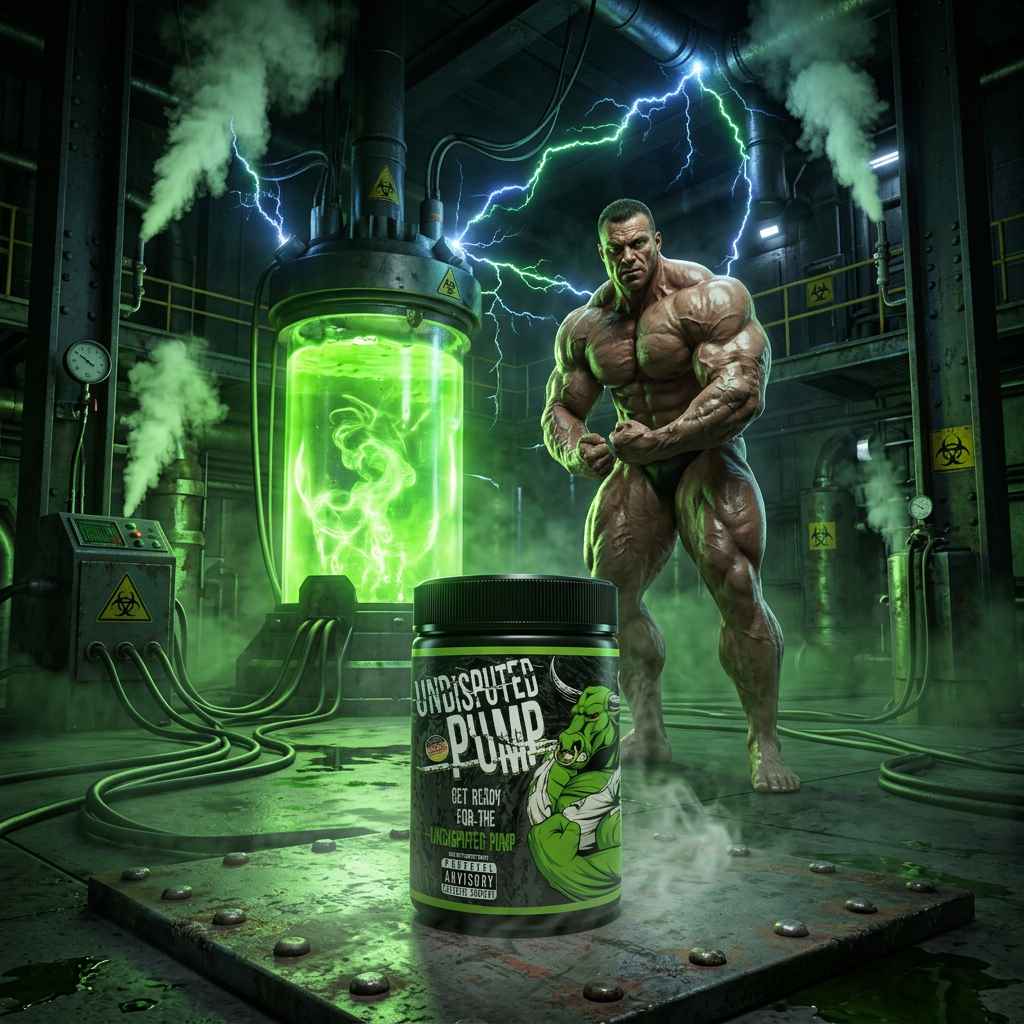 Undisputed Pump Booster Dose vor einem muskulösen Bodybuilder in einem Sci-Fi-Labor